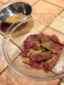 Add trimmed venison to bowl and toss to coat all the pieces evenly. Cover bowl and let sit in fridge overnight.
